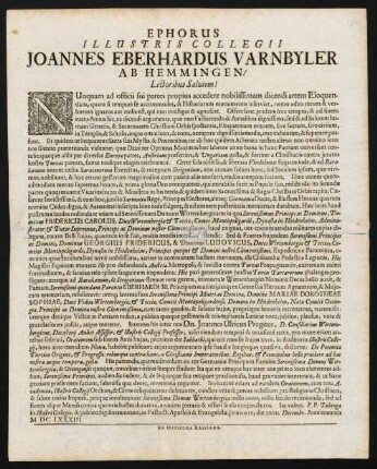 Ephorus Illustris Collegii Joannes Eberhardus Varnbyler Ab Hemmingen, Lectoribus Salutem!