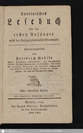 Lateinisches Lesebuch für die ersten Anfänger : nebst den Anfangsgründen der Grammatik