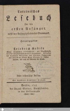 Lateinisches Lesebuch für die ersten Anfänger : nebst den Anfangsgründen der Grammatik