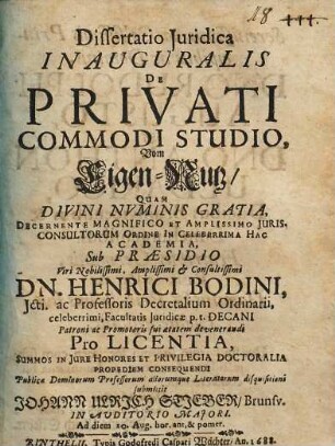 Disseratatio iuridica inauguralis de privati commodi studio, vom Eigen-Nutz