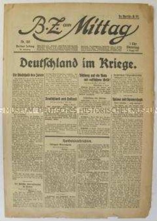 Berliner Tageszeitung "B.Z. am Mittag" zu den ersten Kämpfen des deutschen Heeres im 1. Weltkrieg