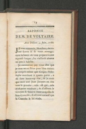 Reponse De M. De Voltaire.
