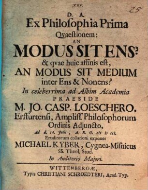 Ex philosophia prima quaestionem: an modus sit ens?