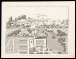 Gärtnerhaus im Schloss Charlottenhof, Potsdam: Perspektivische Ansicht, Lageplan, Grundriss (aus: Sammlung Architektonischer Entwürfe, Berlin 1858)