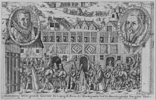 Die Einlieferung der Kryptocalvinisten Crell, Gundermann und Pierius in das Gefängnis zu Dresden (mit Porträtmedaillons Nikolaus Krells und Christoph Gundermanns)