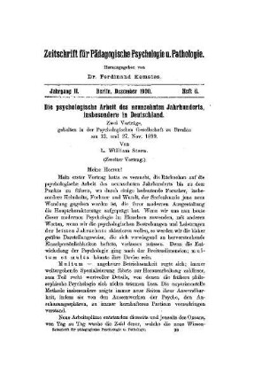 Die psychologische Arbeit des neunzehnten Jahrhunderts, insbesondere in Deutschland : zwei Vorträge, gehalten in der Psychologischen Gesellschaft zu Breslau am 13. und 27. Nov. 1899 ; (Fortsetzung)