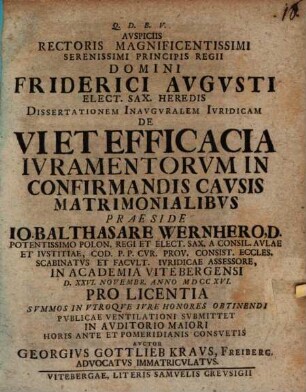 Avspiciis Rectoris Magnificentissimi Serenissimi Principis Regii Domini Friderici Avgvsti Elect. Sax. Heredis Dissertationem Inavgvralem Ivridicam De Vi Et Efficacia Ivramentorvm In Confirmandis Cavsis Matrimonialibvs
