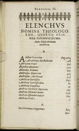 Elenchus Nomina Theologorum, quorum heic vitae narrantur, secundum Alphabetum recensens