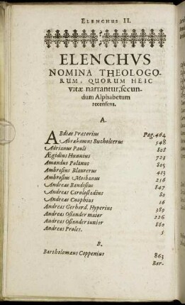 Elenchus Nomina Theologorum, quorum heic vitae narrantur, secundum Alphabetum recensens