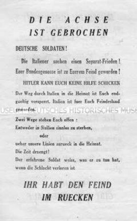 Abwurf-Flugblatt der Alliierten zur Lage in Italien nach dem Sturz von Mussolini