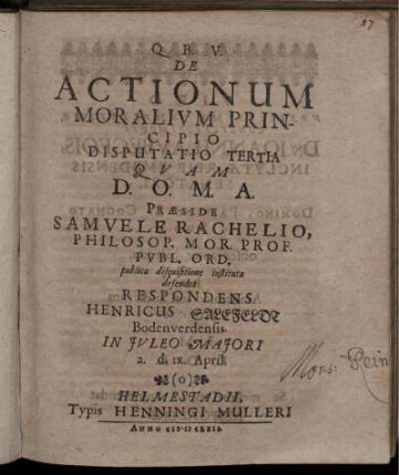De Actionum Moralium Principio Disputatio Tertia