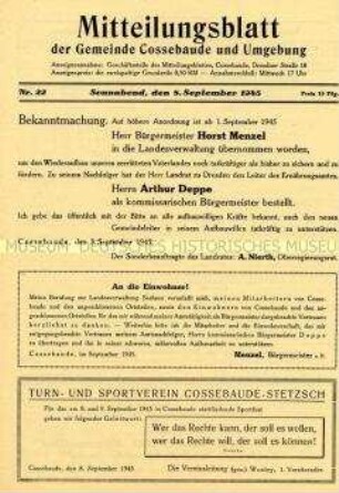 Kommunales Mitteilungsblatt u.a. zur Umbesetzung des Bürgermeisteramtes, zur Lebensmittelbewirtschaftung sowie mit privaten und gewerblichen Anzeigen