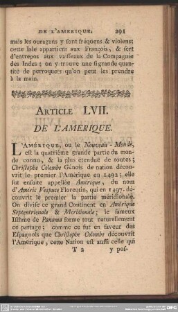 Article LVII. De L'Amerique