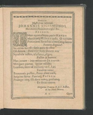 Memoriae Illustrissimi Infantuli, Johannis Sigismundi, Marchionis Brandenburgici ...