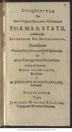 Disquisitio De Sacri Imperii Romano-Germanici Forma & Statu, Adversus Severinum De Monzambano
