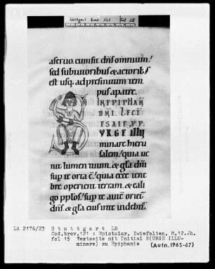 Festepistolar — Initiale S (urge illuminare), darin ein sitzender Jüngling, Folio 15recto