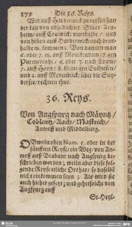 36. Reys. Von Augspurg nach Mäyntz, Coblentz, Aach, Mastrich, Antorff und Middelburg
