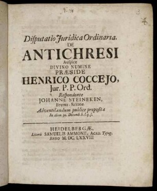 Disputatio Iuridica Ordinaria. De Antichresi