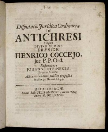 Disputatio Iuridica Ordinaria. De Antichresi