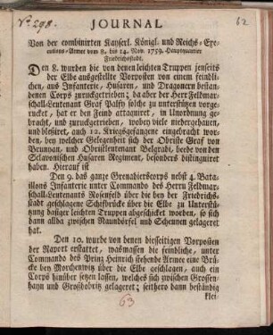Journal Von der combinirten Kayserl. Königl. und Reichs-Executions-Armee vom 8. bis 14. Nov. 1759. Hauptquartier Friedrichsstadt