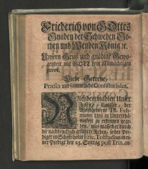 [Rescript an Dero Consistorium zu Stockholm, ...]
