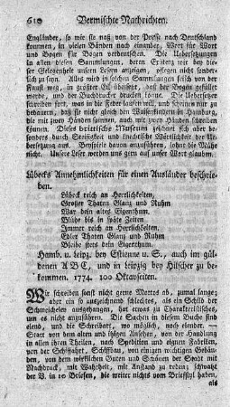Lübecks Annehmlichkeiten für einen Ausländer beschrieben.