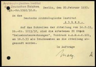 Postkarte; AIDR an DAI Athen (Reisekostenrechnungen)