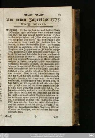 Am neuen Jahrstage 1775. Evang. Luc. 2, 21.