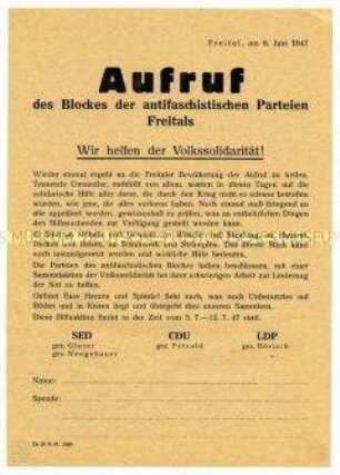 Aufruf des Blockes der antifaschistischen Parteien Freitals zu einer Sammelaktion der Volkssolidarität für die Umsiedler