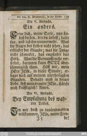 Die VI. Andacht. Bey Emphaung des wahren Leibes.