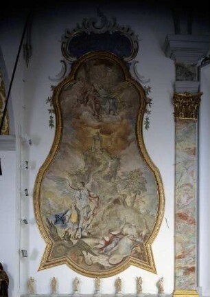 Schutzengel mit Kind vor dem Drachen und Frau (Frau Welt) mit Larve, Spiegel und Geldbeutel
