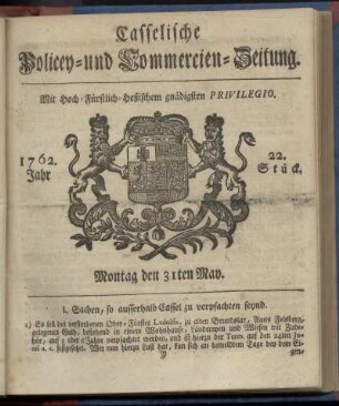 22. Stueck, Montag den 31ten May 1762