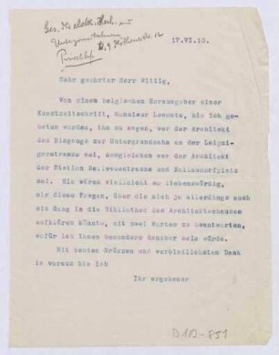 Schreiben an Wittig, Gesellschaft der Elektrischen Hoch- und Untergrundbahnen (Brief)
