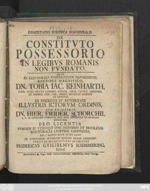Dissertatio Ivridica Inavgvralis De Constitvto Possessorio In Legibvs Romanis Non Fvndato