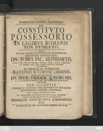 Dissertatio Ivridica Inavgvralis De Constitvto Possessorio In Legibvs Romanis Non Fvndato