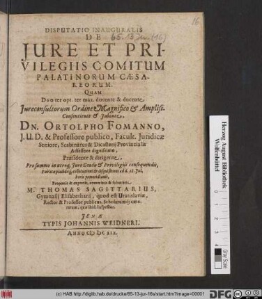 Disputatio Inauguralis De Iure Et Privilegiis Comitum Palatinorum Caesareorum