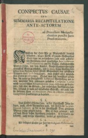 Conspectus Causae Cum Summaria Recapitulatione Ante-Actorum ad Processum Marienstadiensem puncto Iuris Praesentationis