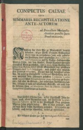 Conspectus Causae Cum Summaria Recapitulatione Ante-Actorum ad Processum Marienstadiensem puncto Iuris Praesentationis