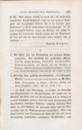 477-486 [Rezension] Lorinser, Franz, Die Lehre von der Verwaltung des heiligen Bußsacramentes