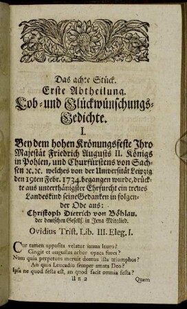 Erste Abtheilung. Lob- und Glückwünschungs-Gedichte.