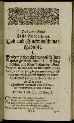 Erste Abtheilung. Lob- und Glückwünschungs-Gedichte.