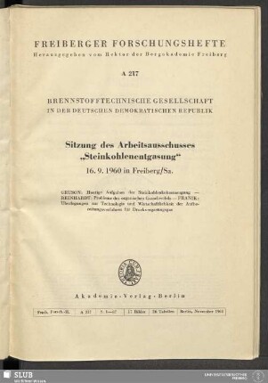 Sitzung des Arbeitsausschusses Steinkohlenentgasung, 16.9.1960 in Freiberg/Sa.