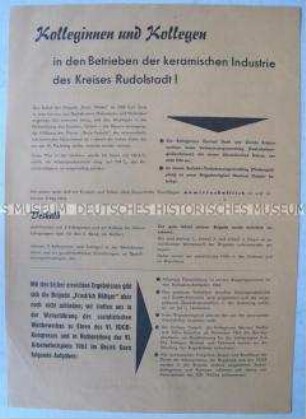 Propagandaflugblatt mit dem Aufruf einer Brigade des VEB Porzellanwerk Rudolstadt zur Neuererbewegung