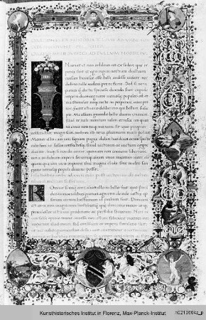 Buchseite mit Randbordüre, eingeschlossenem Sassetti-Wappen und Text sowie Initialen I und R - Orationes variae plurium auctorum