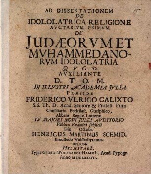 Ad Dissertationem De Idololatrica Religione Auctarium Primum De Judaeorum Et Muhammedanorum Idololatria