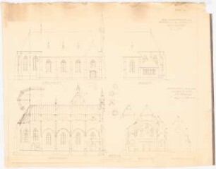 St. Laurentius, Rudersdorf bei Wilnsdorf: Seitenansicht, Ansicht der Sakristei, Längs- und Querschnitt, Details 1:100