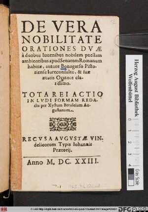 De Vera Nobilitate : Orationes Duae a duobus Iuvenibus nobilem puellam ambientibus apud Senatum Romanum habitae