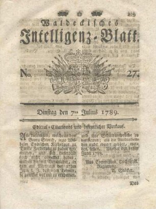 No. 27, Dinstag den 7ten Julius 1789