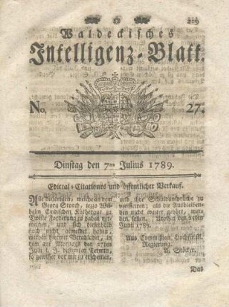 No. 27, Dinstag den 7ten Julius 1789