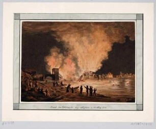 Die brennende Elbbrücke in Meißen am 12. März 1813 bei Nacht vom rechten Elbufer unterhalb des Brückenkopfes (im Hintergrund die Altstadt)